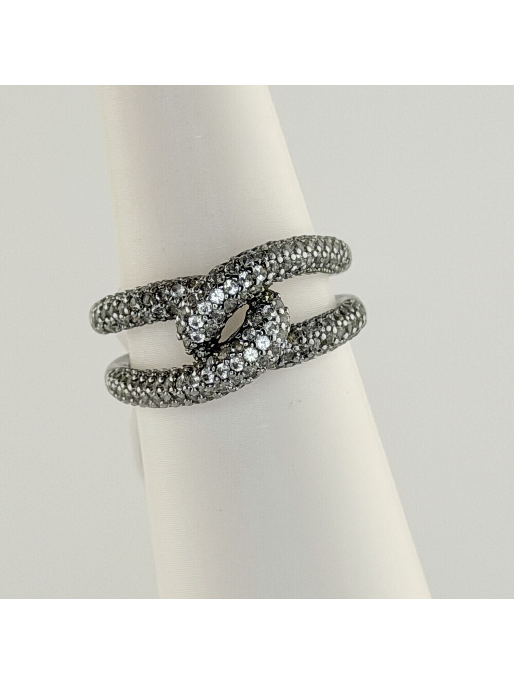 Bomb Party Sz 9 "The Twist" Lab Created Light Emerald on Hematite RG64877 Pave